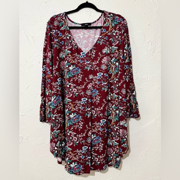 Ellos Plus Size Women's Inverted Front Pleat Maroon Red Floral Tunic Sz 3X 30-32 - Picture 2 of 11